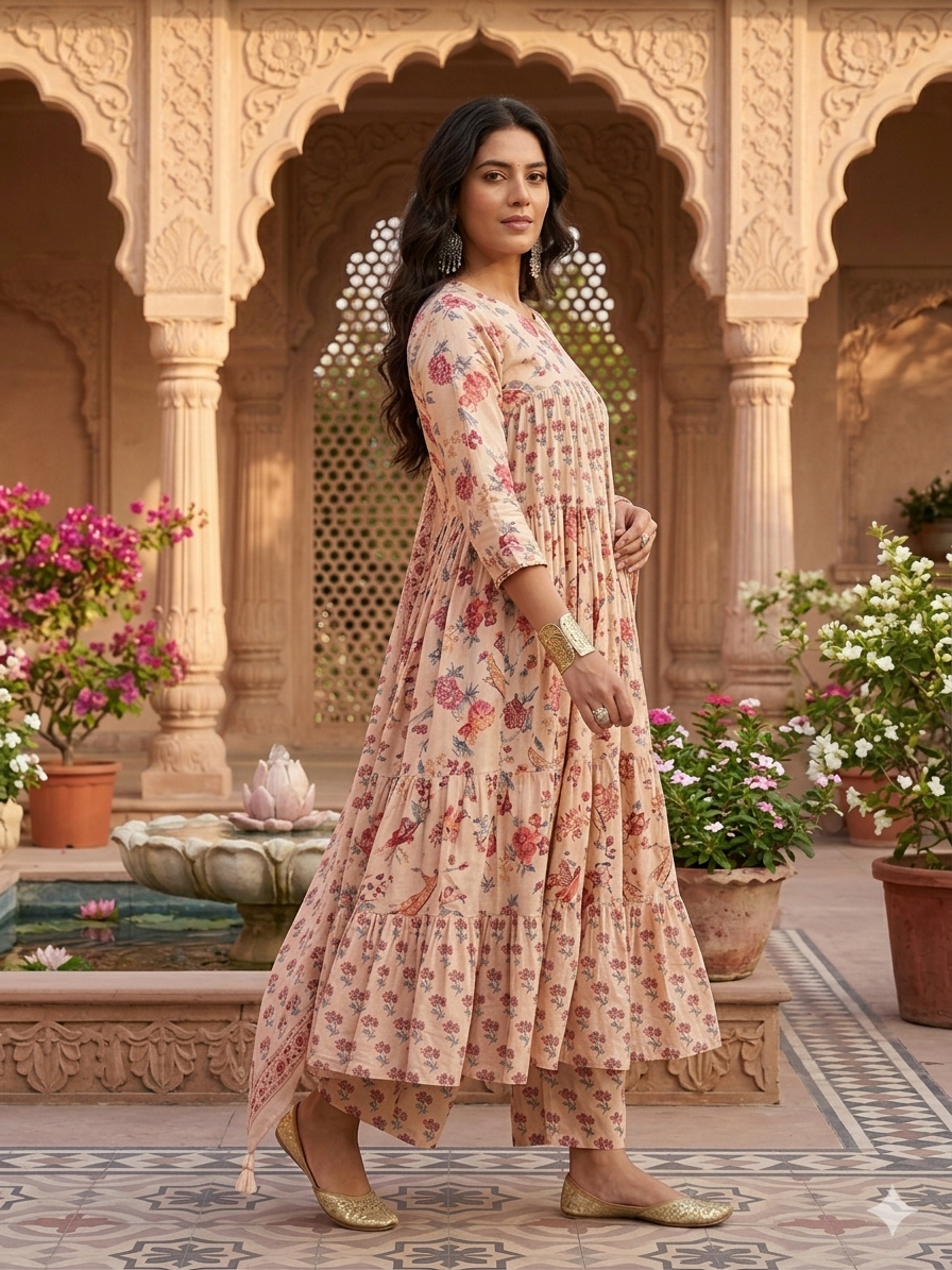 CREAM PRINTED COTTON ANARKALI SUIT