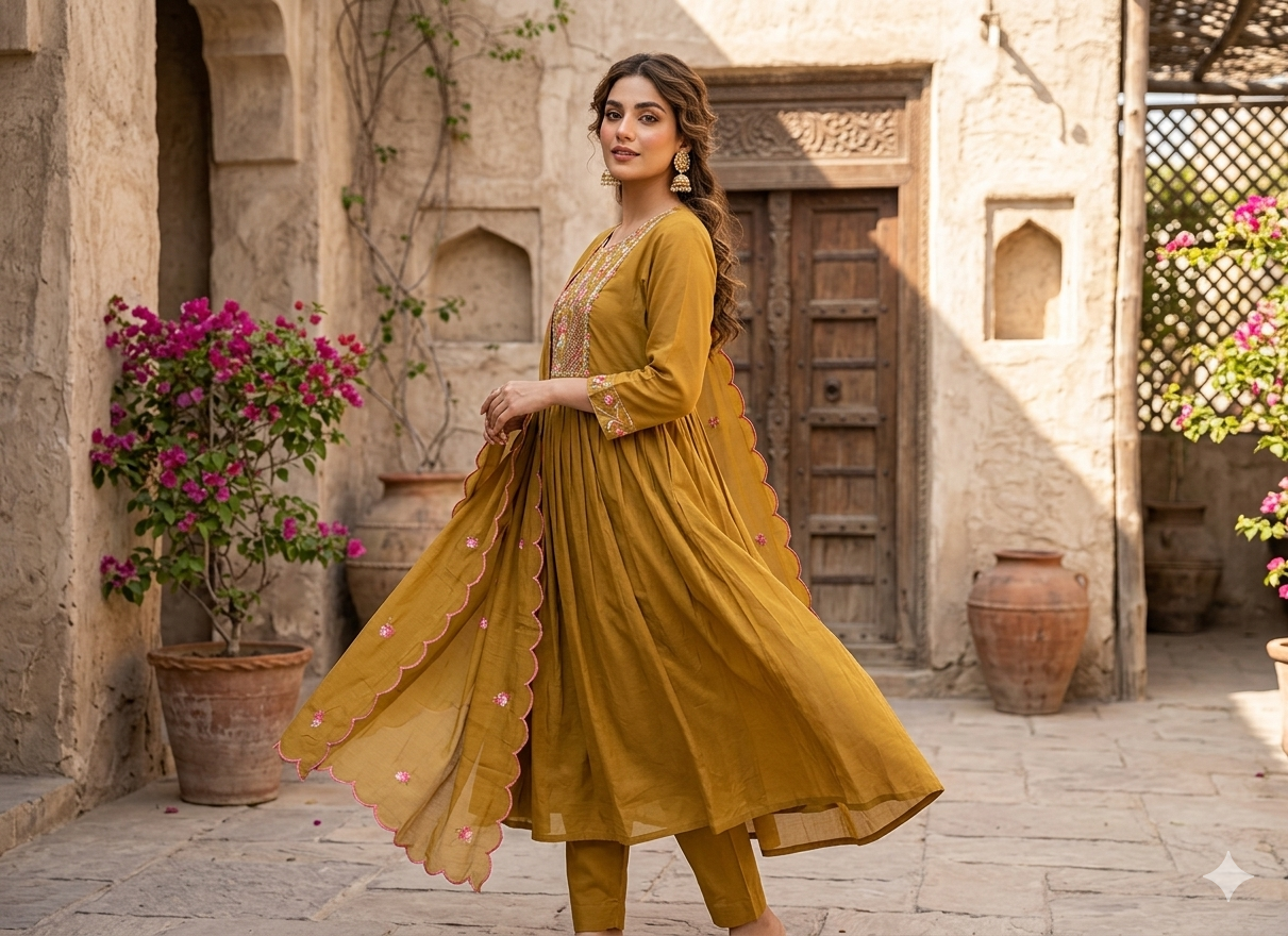 MUSTARD YELLOW MAL CHANDERI ANARKALI SUIT