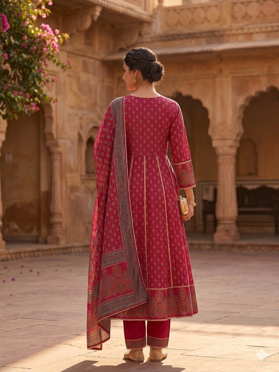 Red embroidered crepe Anarkali suit