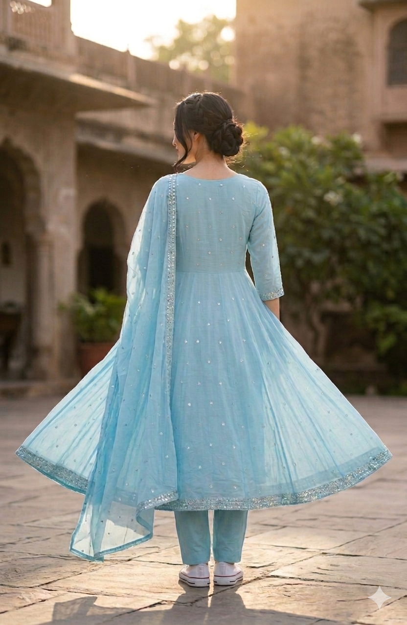 Light Blue Crepe Anarkali Suit