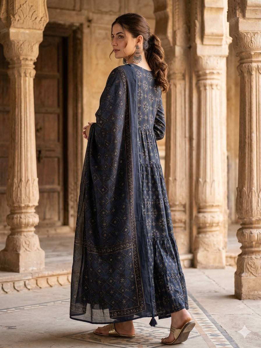 BLUE PRINTED COTTON ANARKALI SUIT