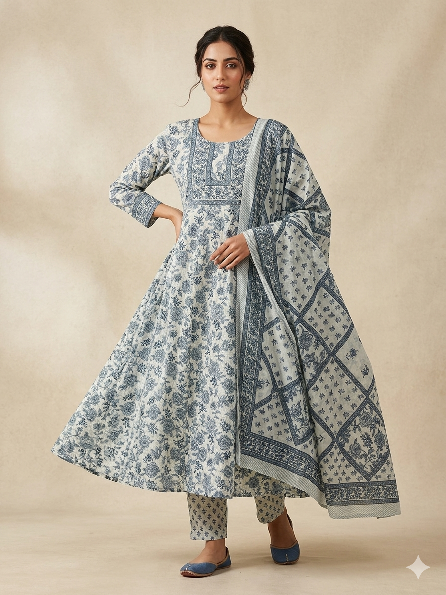 BLUE FLORAL PRINTED COTTON ANARKALI SUIT