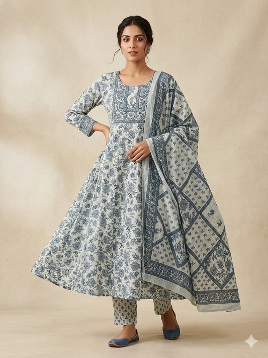 BLUE FLORAL PRINTED COTTON ANARKALI SUIT