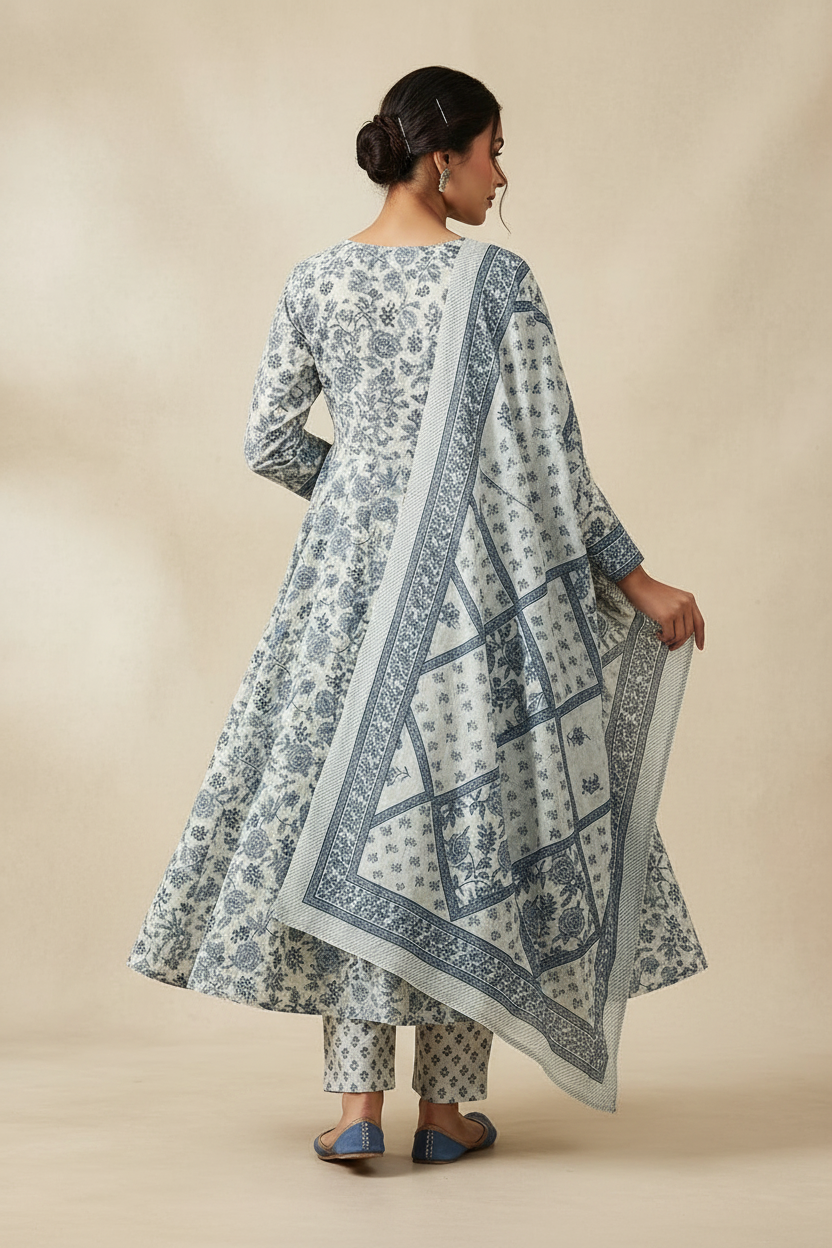 BLUE FLORAL PRINTED COTTON ANARKALI SUIT