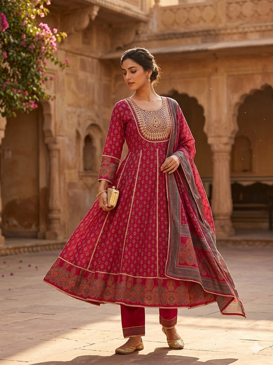 Red embroidered crepe Anarkali suit