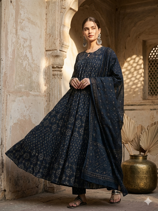 BLUE PRINTED COTTON ANARKALI SUIT