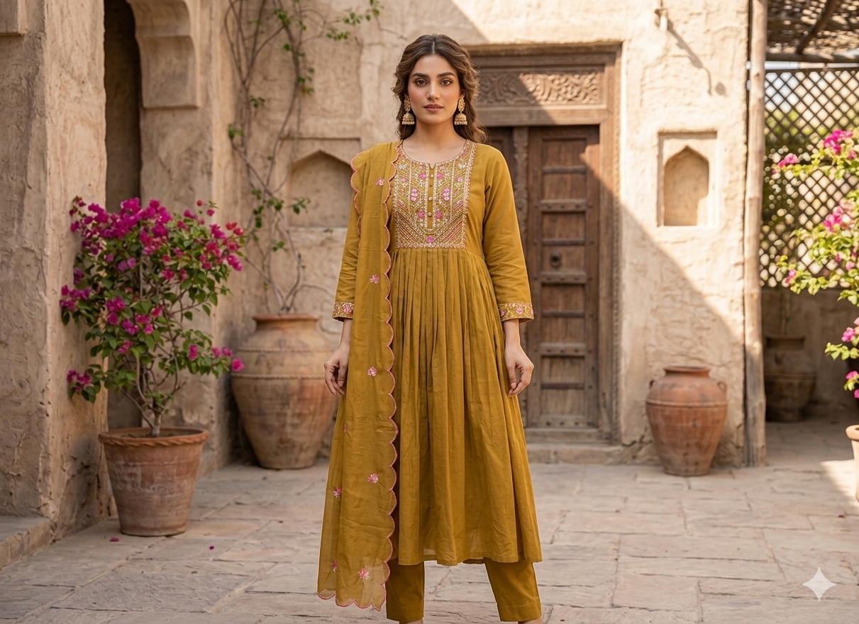 MUSTARD YELLOW MAL CHANDERI ANARKALI SUIT