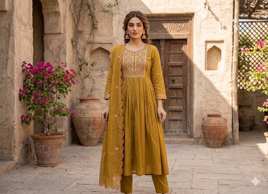 MUSTARD YELLOW MAL CHANDERI ANARKALI SUIT