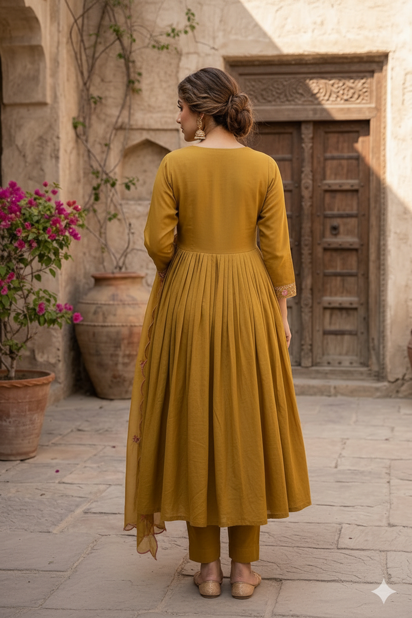 MUSTARD YELLOW MAL CHANDERI ANARKALI SUIT