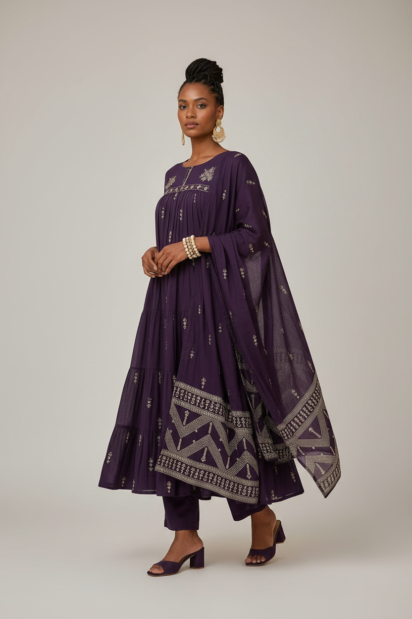 PURPLE PRINTED COTTON ANARKALI SUIT