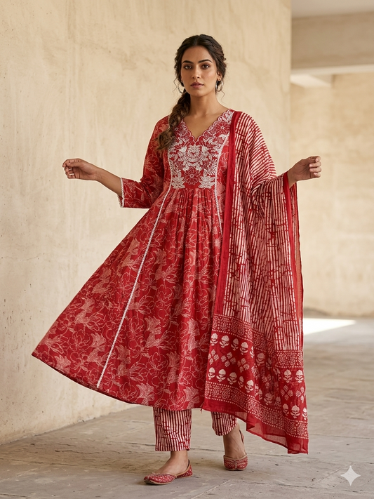 RED EMBROIDERED PRINTED COTTON ANARKALI SUIT