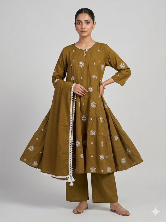 MUSTARD COTTON PRINTED ANARKALI SUIT