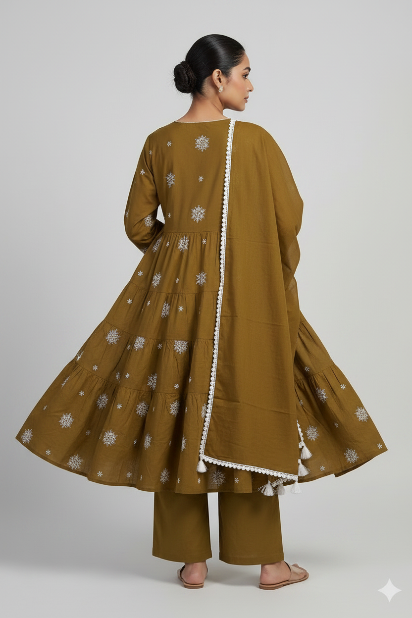 MUSTARD COTTON PRINTED ANARKALI SUIT