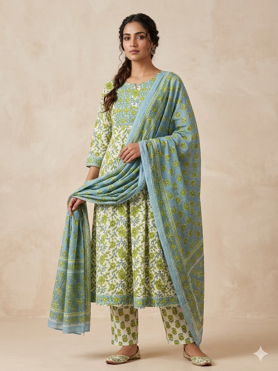 GREEN FLORAL PRINTED  COTTON ANARKALI SUIT
