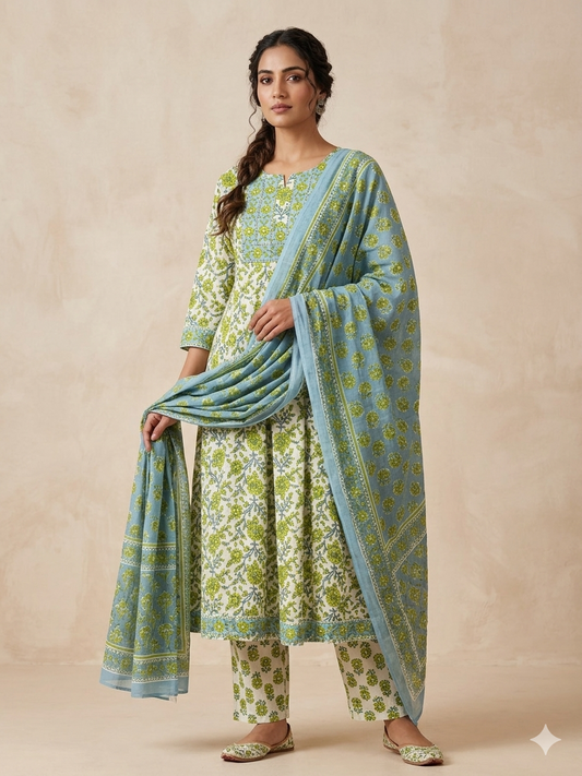 GREEN FLORAL PRINTED  COTTON ANARKALI SUIT
