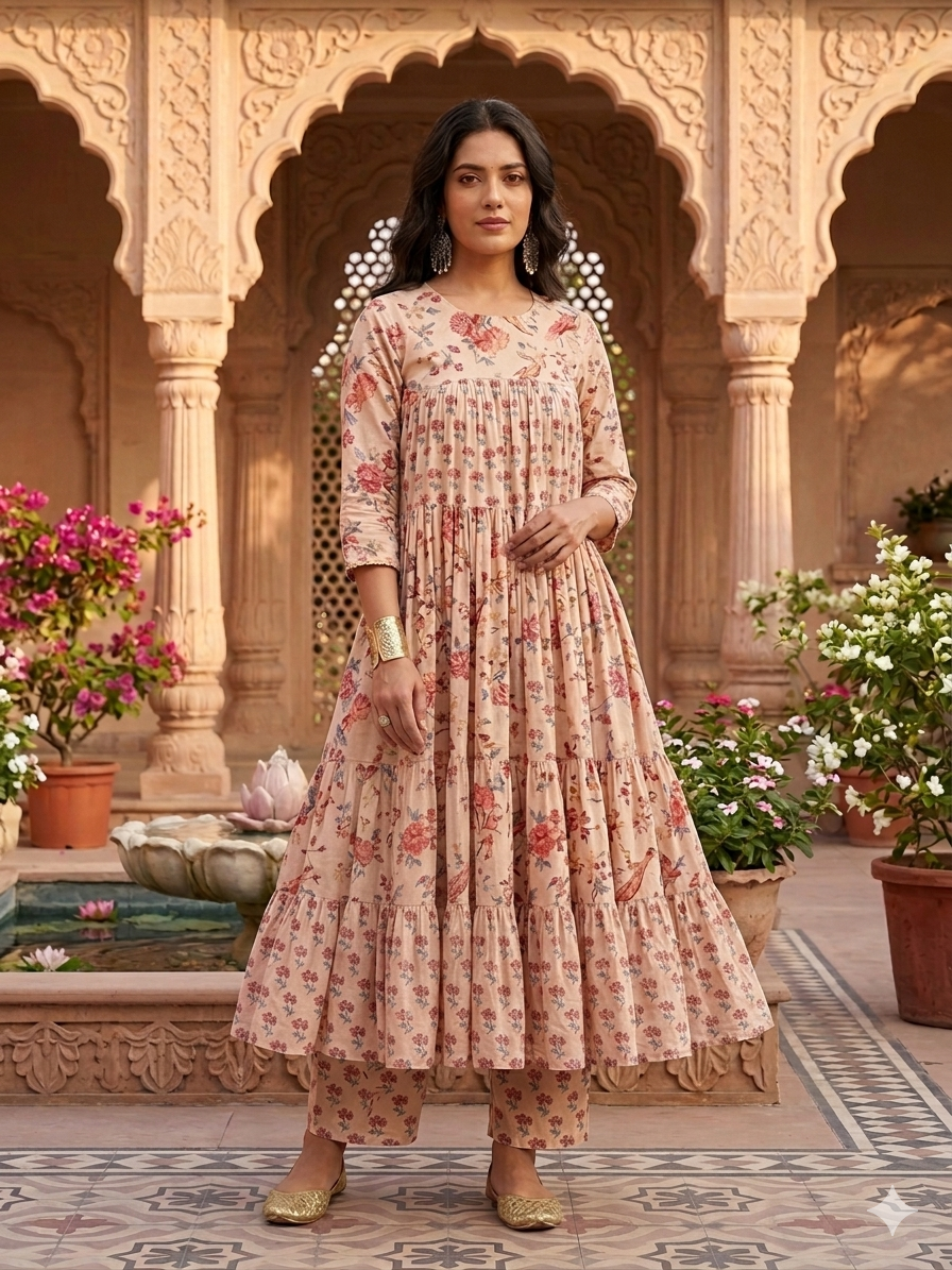 CREAM PRINTED COTTON ANARKALI SUIT