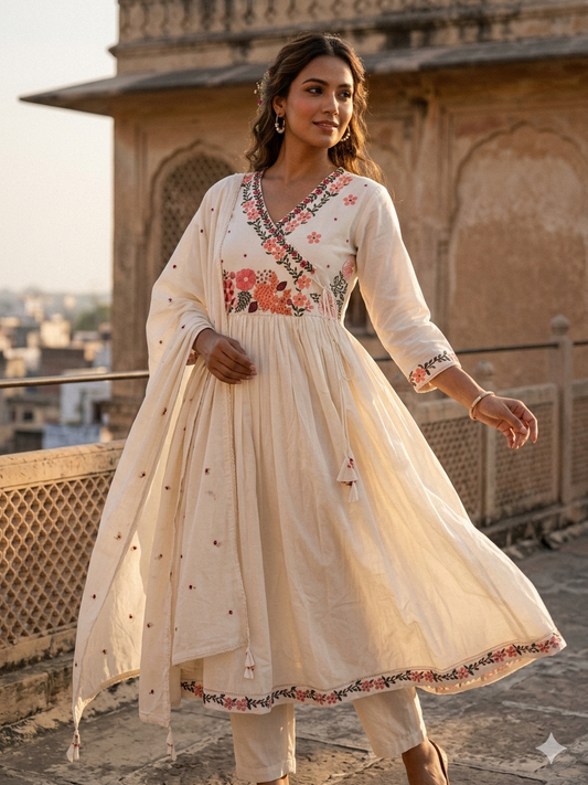 WHITE EMBROIDERED FLORAL COTTON ANARKALI SUIT