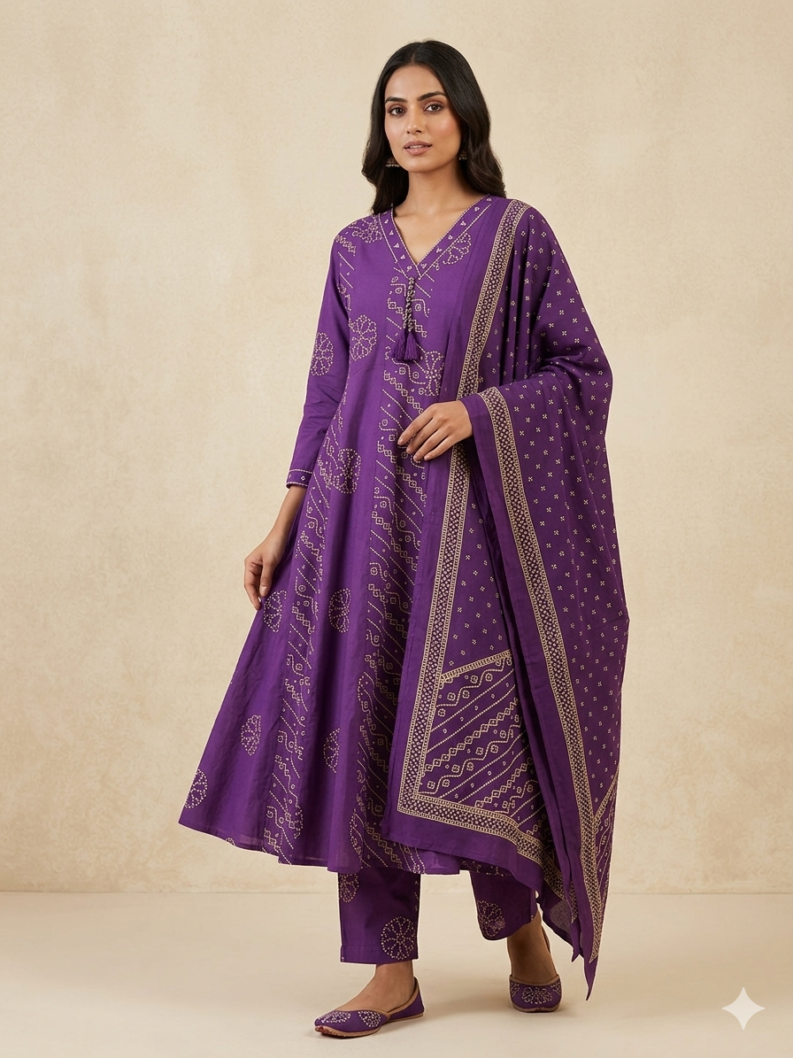 PURPLE PRINTED COTTON ANARKALI SUIT