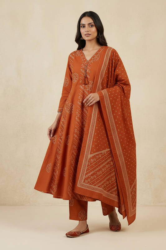 RUST COTTON PRINTED ANARKALI SUIT