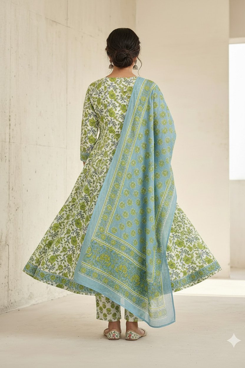 GREEN FLORAL PRINTED  COTTON ANARKALI SUIT