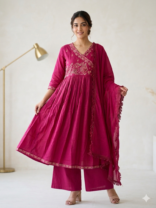 MAGENTA EMBROIDERED COTTON ANARKALI SUIT