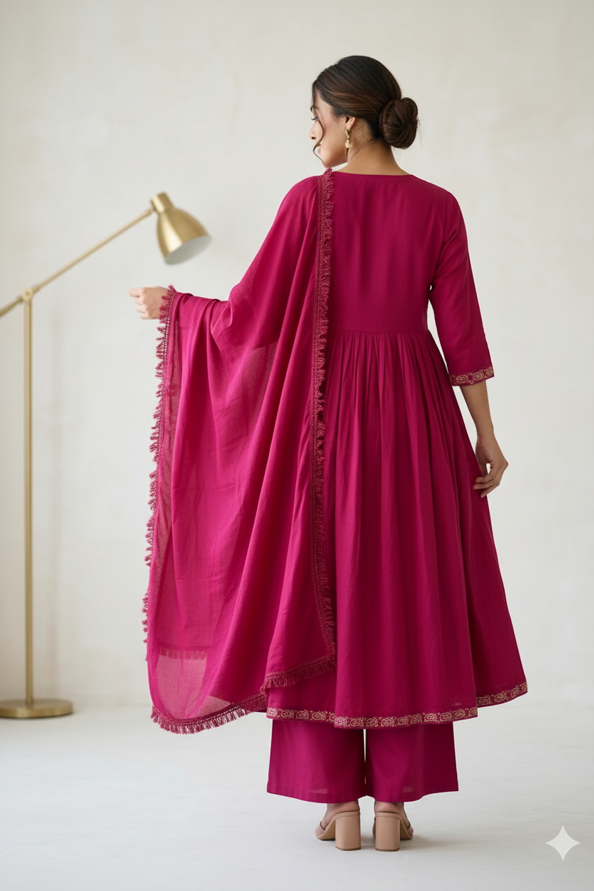 MAGENTA EMBROIDERED COTTON ANARKALI SUIT