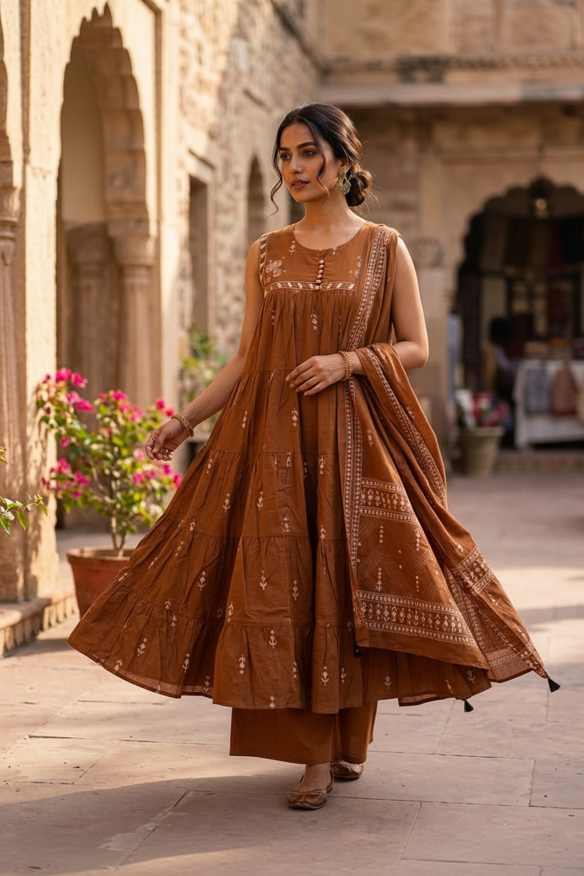 BROWN COTTON ANARKALI SUIT