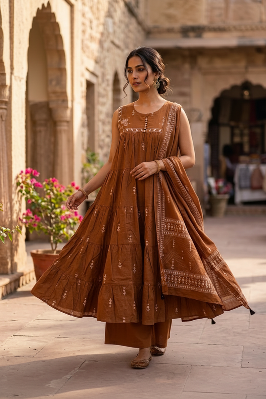 BROWN COTTON ANARKALI SUIT
