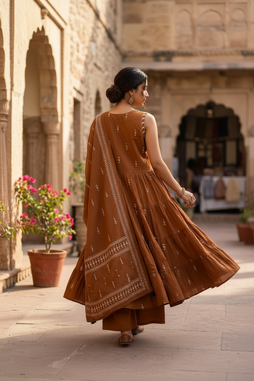 BROWN COTTON ANARKALI SUIT