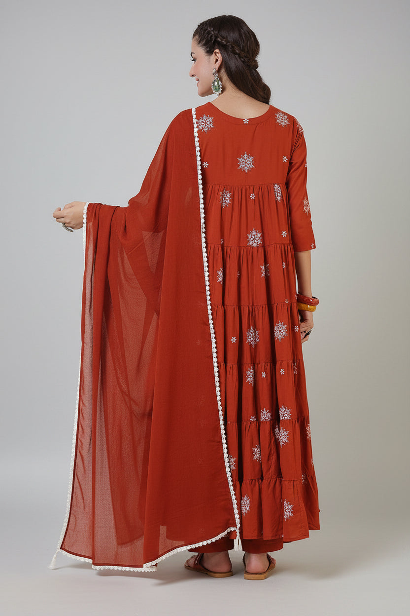 RUST PRINTED COTTON ANARKALI SUIT