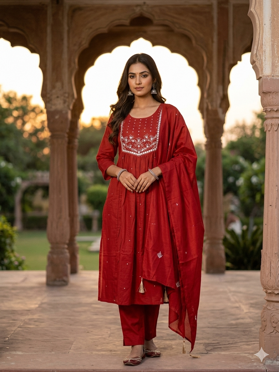 Rust cotton embroidered straight suit