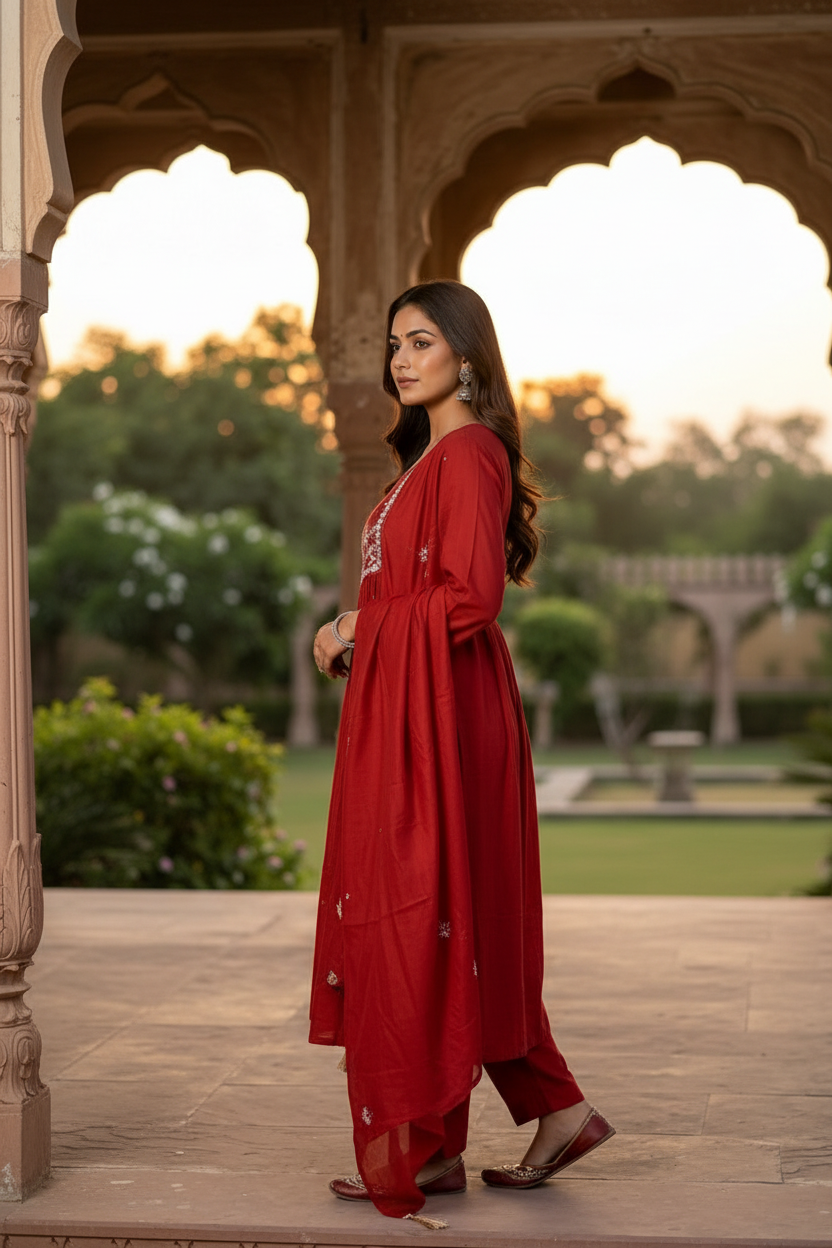 Rust cotton embroidered straight suit