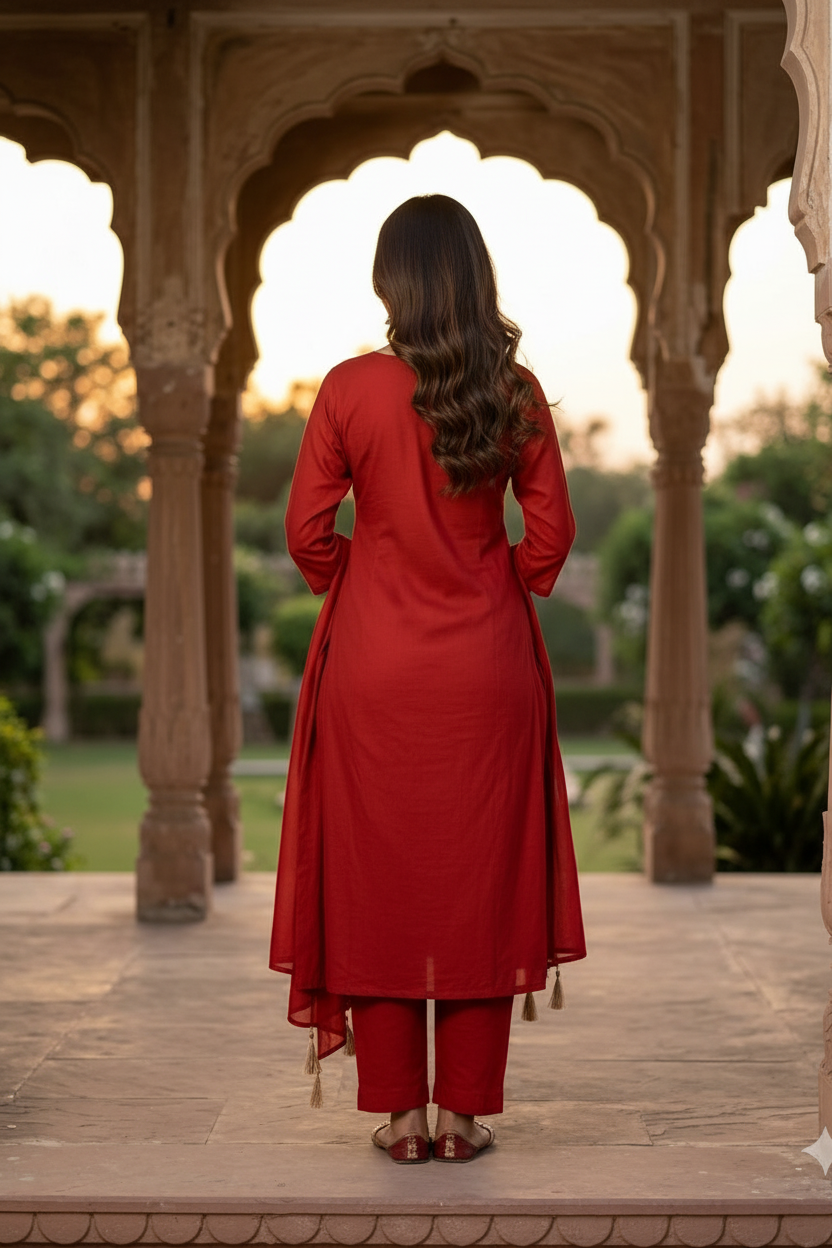 Rust cotton embroidered straight suit