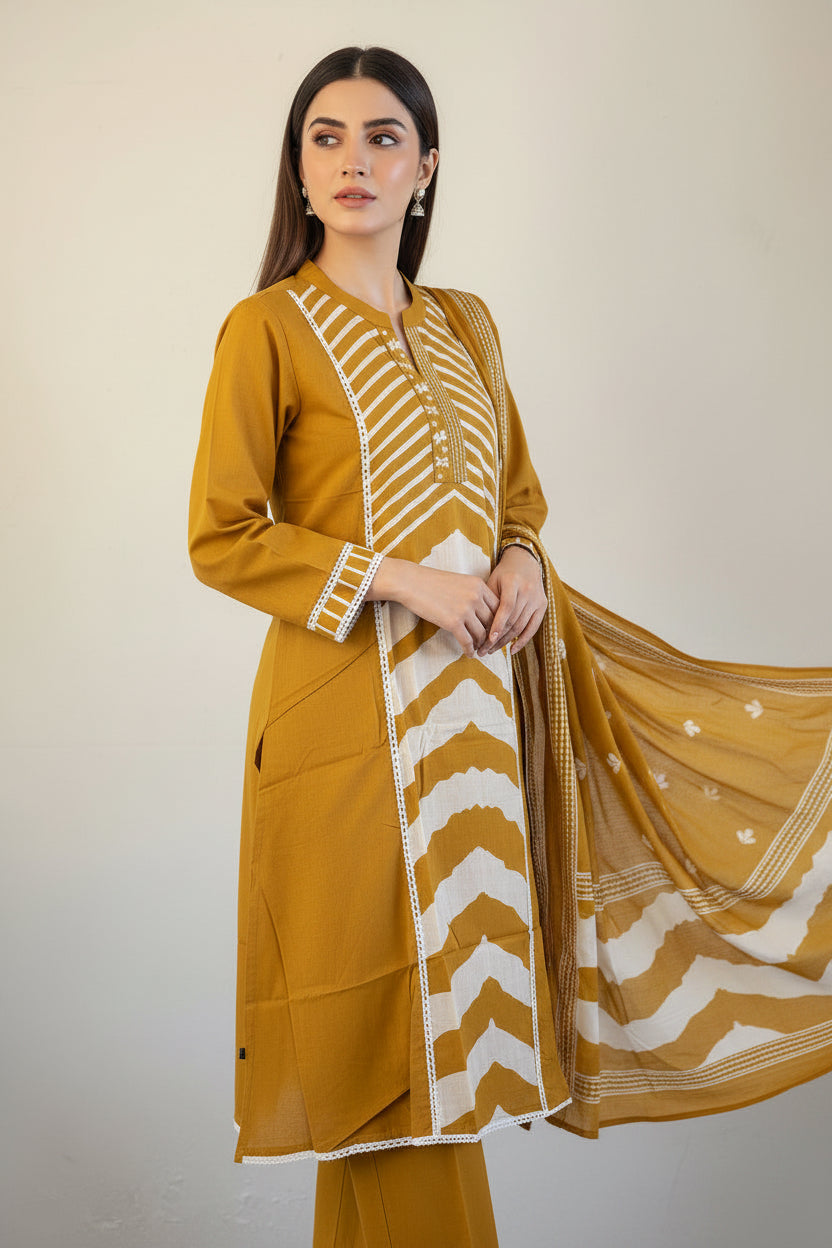 Yellow printed cotton A-line suit