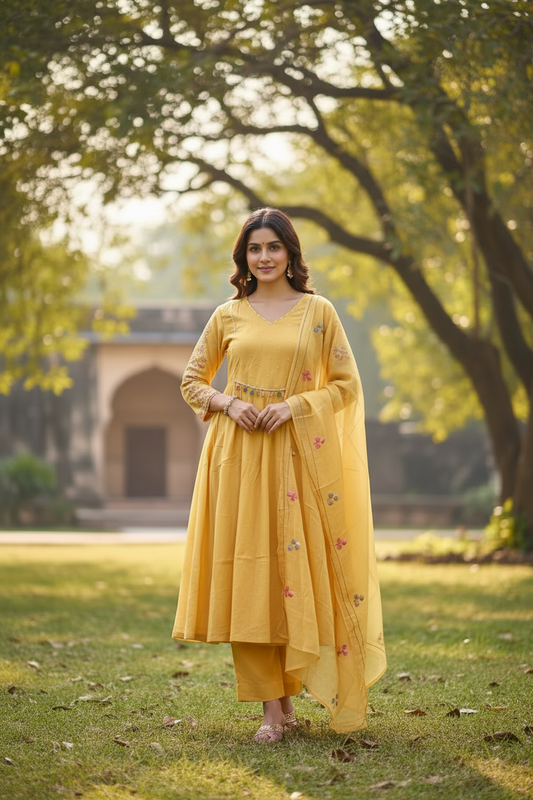 YELLOW EMBROIDERED COTTON ANARKALI SUIT