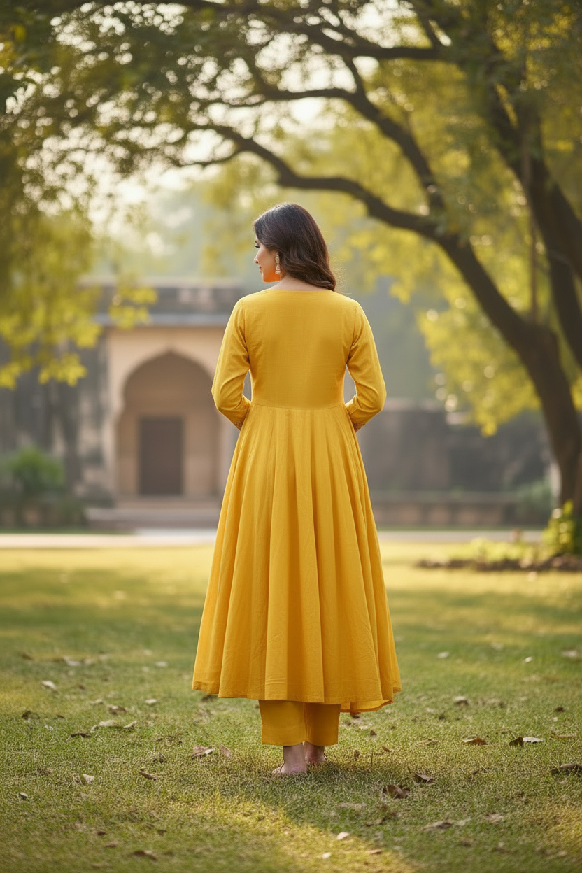 YELLOW EMBROIDERED COTTON ANARKALI SUIT