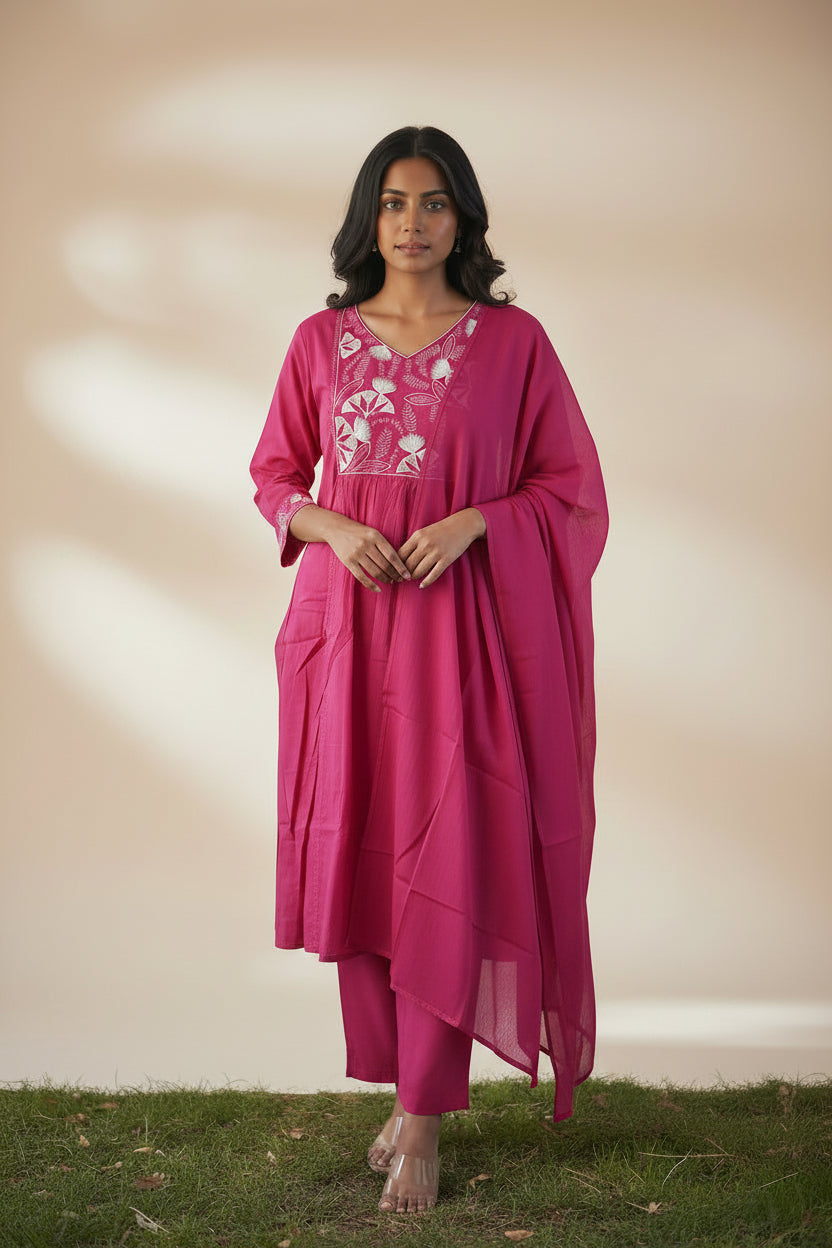 Magenta Straight embroidered cotton suit