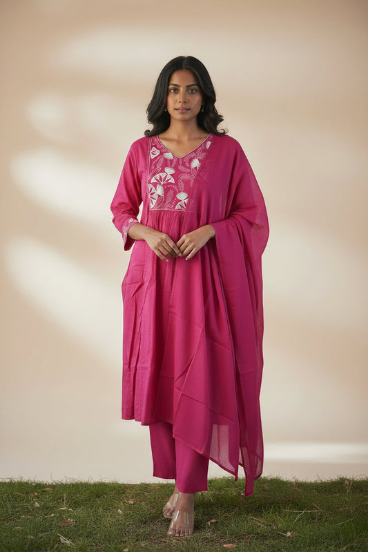 Magenta Straight embroidered cotton suit