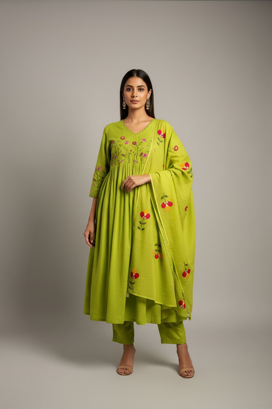 Green embroidered dress with matching pants and dupatta on a white wall.