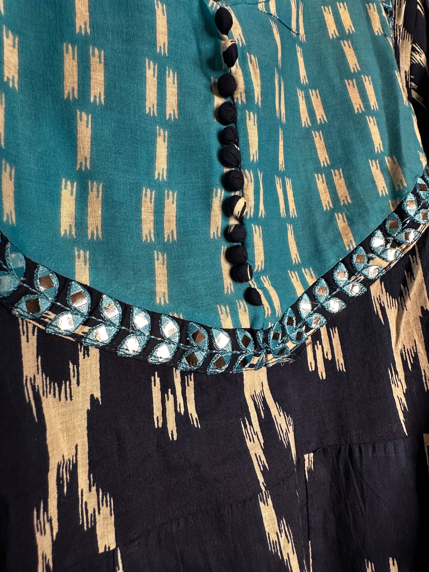 dark blue printed cotton Anarkali suit with pant and dupatta