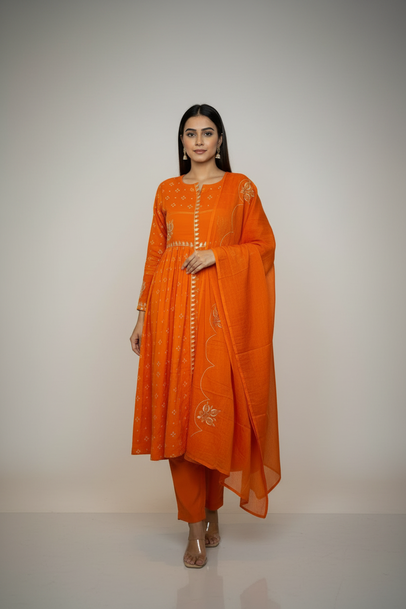 orange cotton split Anarkali with pant and dupatta