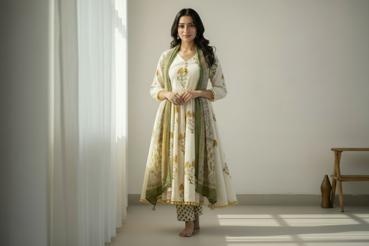 off whit printed cotton anarkali