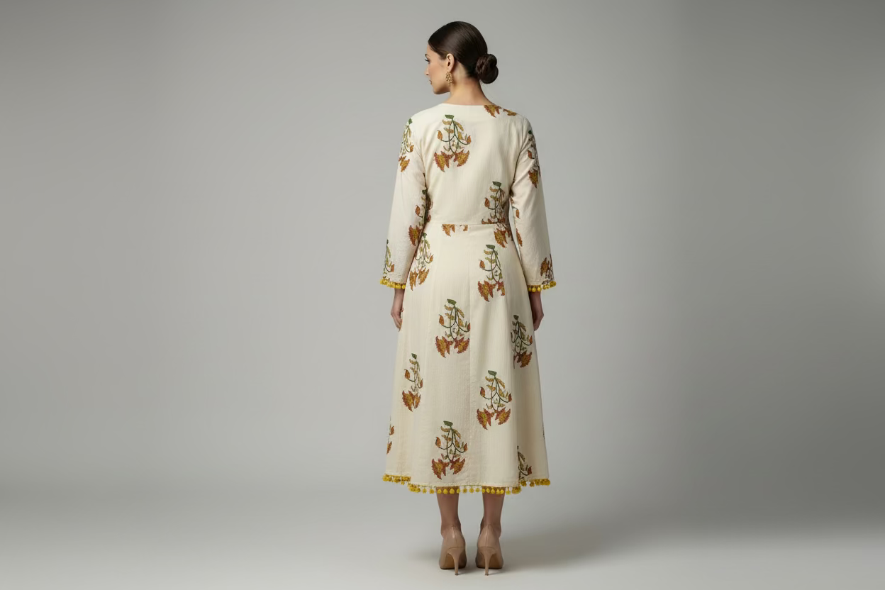 off white printed cotton anarkli suit with pant and dupatta