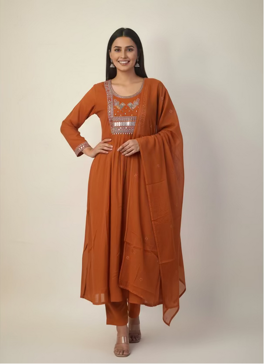 rust orange anarkali suit