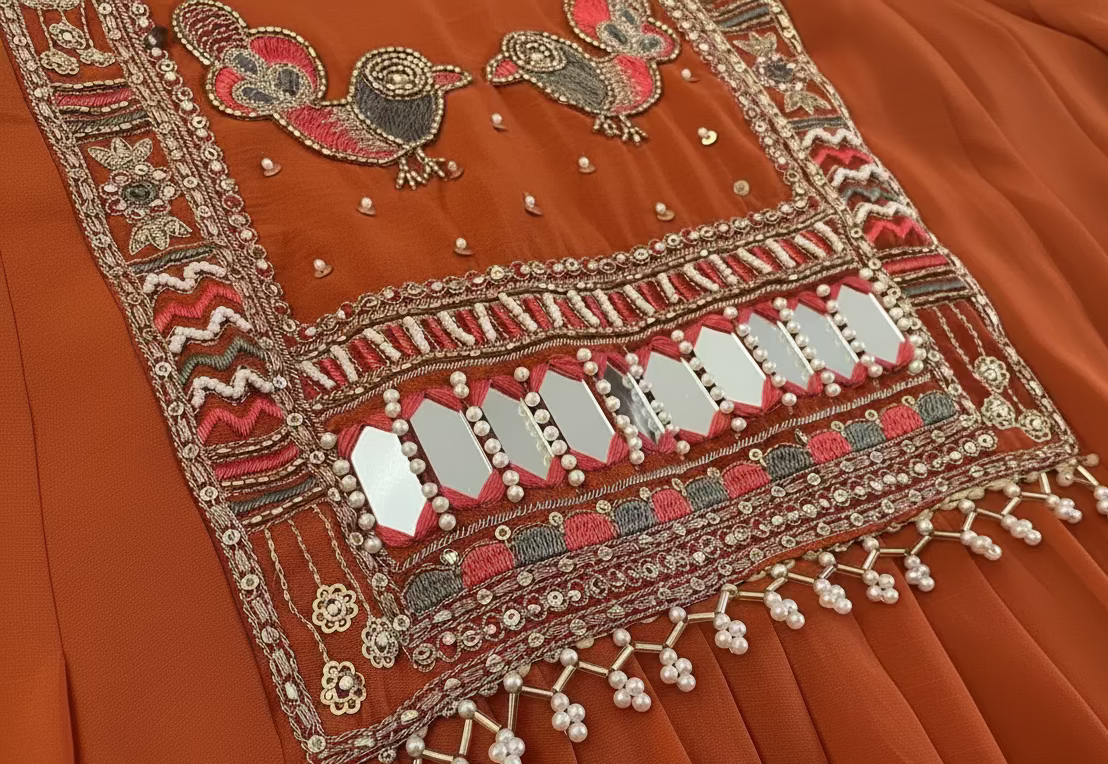 mul chanderi rust anarkali suit with pant and dupatta