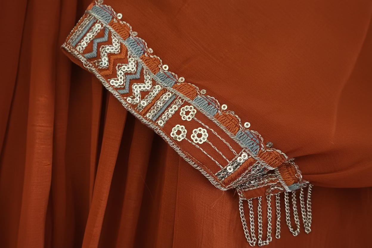 mul chanderi rust anarkali suit with pant and dupatta
