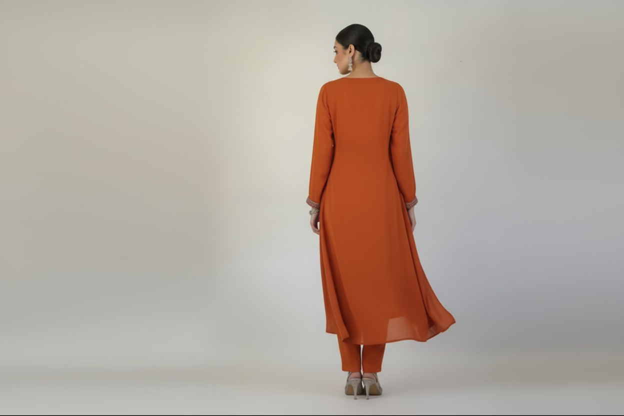 mul chanderi rust anarkali suit with pant and dupatta