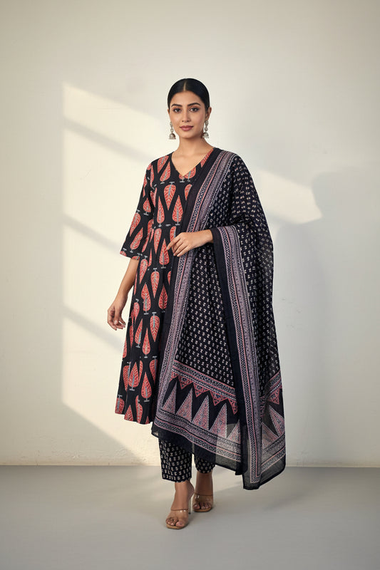 Black and red cotton Anarkali suit