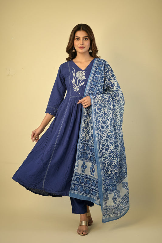 Blue cotton Anarkali suit