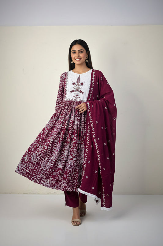Maroon and white Rayon Anarkali suit